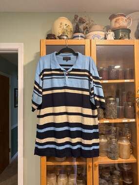 Vintage Barcode Knit Striped Polo Shirt Large Blue Black Tan